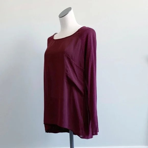DOLAN T-Shirt M Mixed Media Raglan Sleeve Pocket Tee Round Neck Burgundy Maroon - Picture 5 of 9